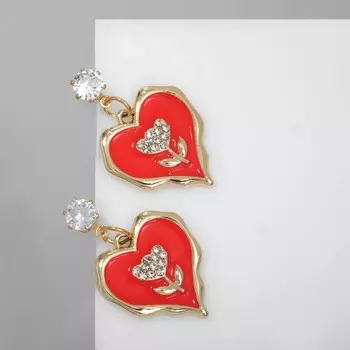 Серьги с эмалью «Сердца» с тюльпанами, цвет бело-красный в золоте
