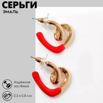 Серьги с эмалью «Сердце» завиток, цвет красный в золоте