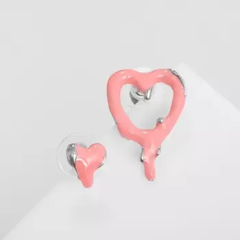 Серьги с эмалью «Таяние» сердечки, цвет розовый в серебре
