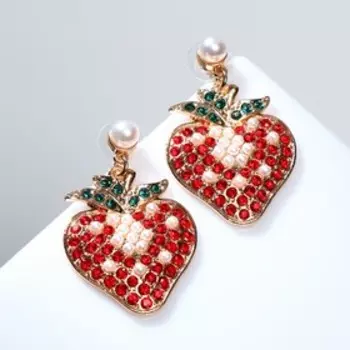 Серьги ассорти "Ягода" клубничка, цвет красно-зелёный в золоте