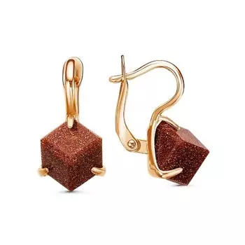 Серьги "Авантюрин коричневый" кубик, розовое золочение