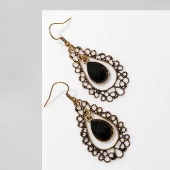Серьги со стразами «Ажур» капля, цвет чёрный в чернёном золоте