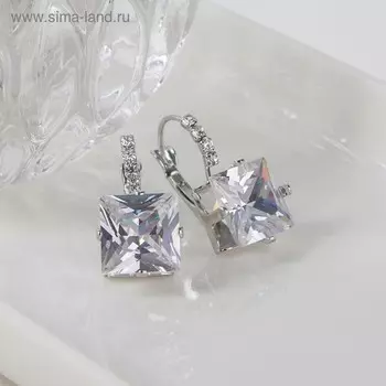Серьги со стразами «Циркония» мини, квадрат, белые в серебре