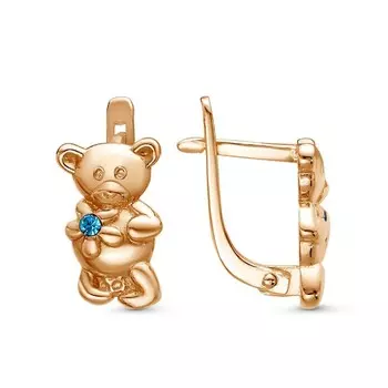 Серьги детские "Мишка" с цветком, розовое золочение, цвет голубой