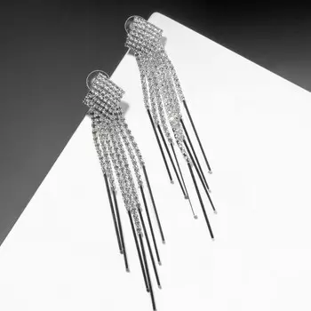 Серьги "Голливуд" ромб и цепочки, цвет белый в серебре, 10,6см