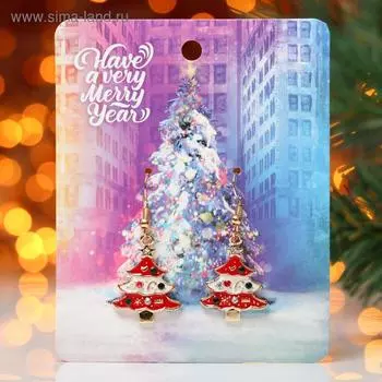 Серьги висячие «Новогодние» ёлочка в украшениях, цвет бело-красный в золоте