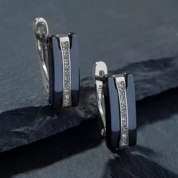 Серьги керамика «Дорожка» прямая, чёрные в серебре