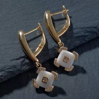 Серьги керамика висячие "Ромб", цвет белый в золоте