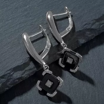 Серьги керамика висячие "Ромб", цвет чёрный в серебре