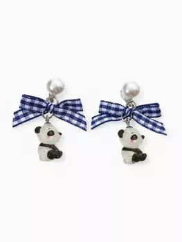 Серьги-клипсы детские "Выбражулька" панда с бантом клетка и жемчужиной, цветные