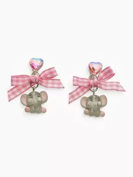 Серьги-клипсы детские Выбражулька «Слон», с бантом клетка и кристалом сердце, цветные