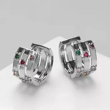 Серьги-кольца «Искра» 3 полосы, яркие вставки, d=1.7 см, цветные в серебре