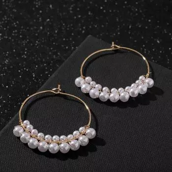 Серьги-кольца "Карелия" диск с бусинами, цвет белый в золоте, d=4