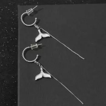 Серьги-кольца "Кит" с подвеской, цвет серебро