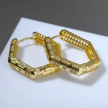 Серьги-кольца "Мини" шестиугольник, цвет белый в золоте