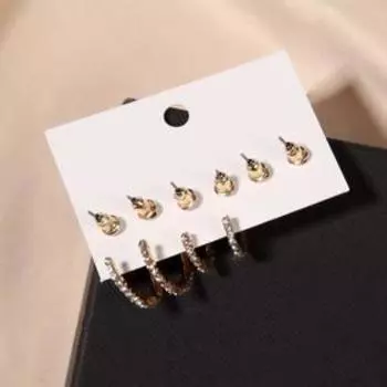 Серьги-кольца набор 3 пары "Вечеринка" стразики, цвет белый в золоте, d=2