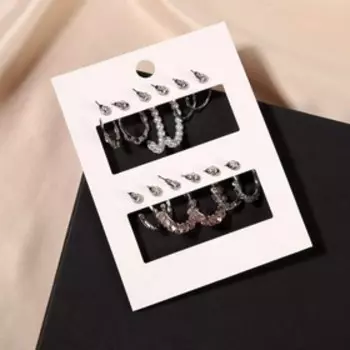 Серьги-кольца набор 6 пар "Настроение", цвет бело-розовый в серебре