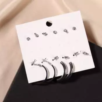 Серьги-кольца набор 6 пар "Варианты" рисунок, цвет чёрный в серебре, d=3.5