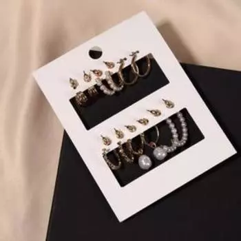 Серьги-кольца набор 6 пар "Жемчужные" настроение, цвет белый в золоте