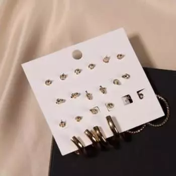 Серьги-кольца набор 9 пар "Звёзды" рисунок, цвет золото, d=3