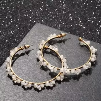 Серьги-кольца "Природа" кристаллы бусинки, d=6 см, цвет сине-белый в золоте