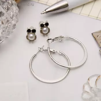 Серьги-кольца с пусетами «Сова», d=3 см, цвет серебро