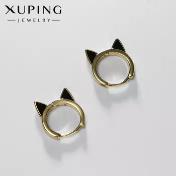 Серьги кольца XUPING «Кошечка», чёрные в золоте, d=1.6 см