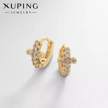 Серьги кольца с фианитом XUPING «Крест», белые в золоте, d=1 см