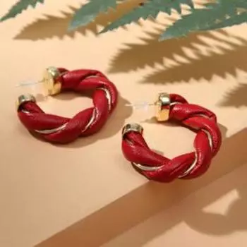 Серьги-кольца "Завиток" нить, цвет тёмно-красный в золоте, d=3,5 см