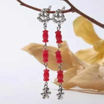 Серьги "Коралл" , цвет красный в серебре