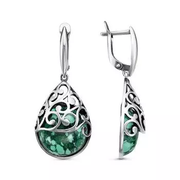 Серьги "Малахит", капля, посеребрение