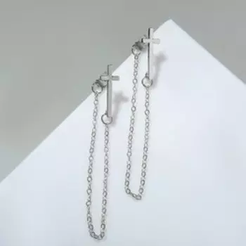Серьги металл «Цепочки» крест, цвет серебро
