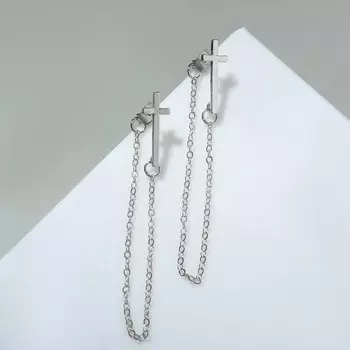 Серьги металл «Цепочки» крест, цвет серебро