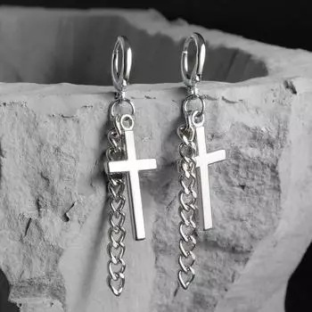 Серьги металл «Крест и цепочка», цвет серебро