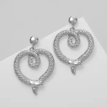 Серьги металл «Змея» сердце, цвет серебро