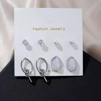 Серьги набор 4 пары "Летние истории" тонкие узлы и капля, цвет белый в серебре