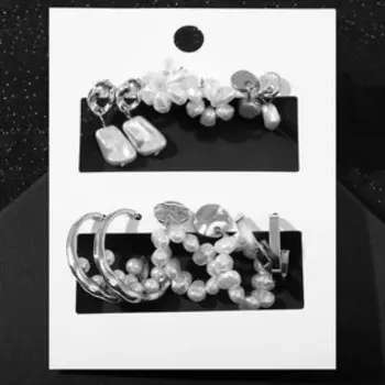 Серьги набор 6 пар "Жемчужные" с кольцами, цвет белый в серебре