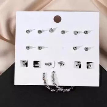 Серьги набор 8 пар "Жемчужный рай", цвет белый в серебре