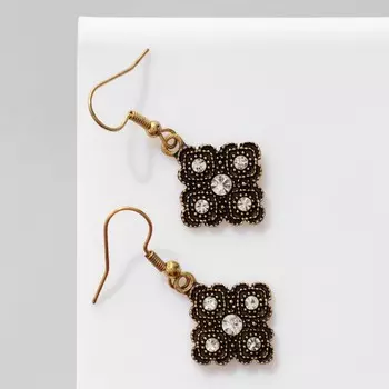 Серьги со стразами «Ромб» мини, белые в чернёном золоте