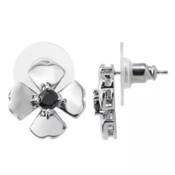 Серьги с черным фианитом "Клевер 4 листа", родирование