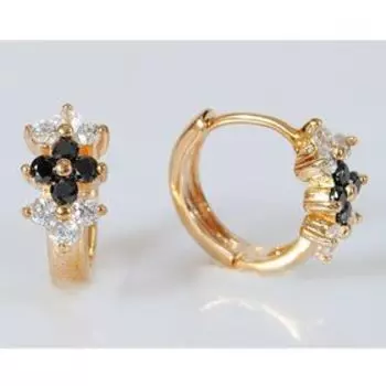 Серьги с чёрным фианитом "Цветы", позолота с родированием