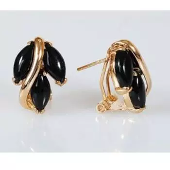 Серьги с чёрным ониксом "Большой рис", позолота с родированием