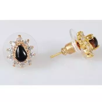 Серьги с чёрным ониксом "Капля в цирконах", позолота с родированием