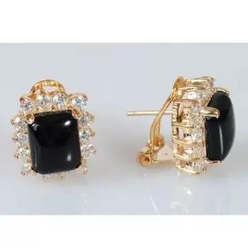 Серьги с чёрным ониксом "Квадрат в цирконах", позолота с родированием