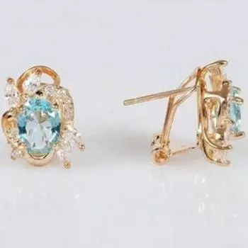 Серьги с голубым фианитом "Рококо", позолота с родированием