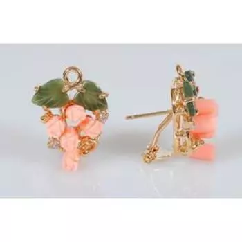 Серьги с кораллом и нефритом "Виноград", позолота с родированием