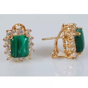 Серьги с малахитом "Квадрат в цирконах", позолота с родированием