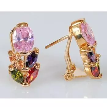 Серьги с разноцветными фианитами "Кабошон с колоском", позолота с родированием
