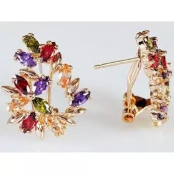 Серьги с разноцветными фианитами "Камелия", позолота с родированием