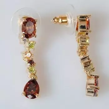 Серьги с разноцветными фианитами "Русалка", позолота с родированием